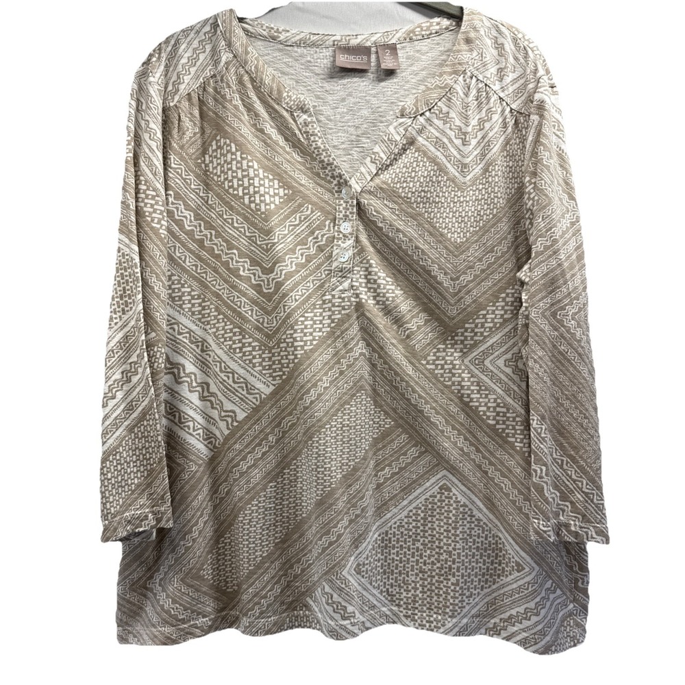 Chicos Women's Top Size Large Brown White Popover 100% Cotton 3/4 Sleeve Paisley